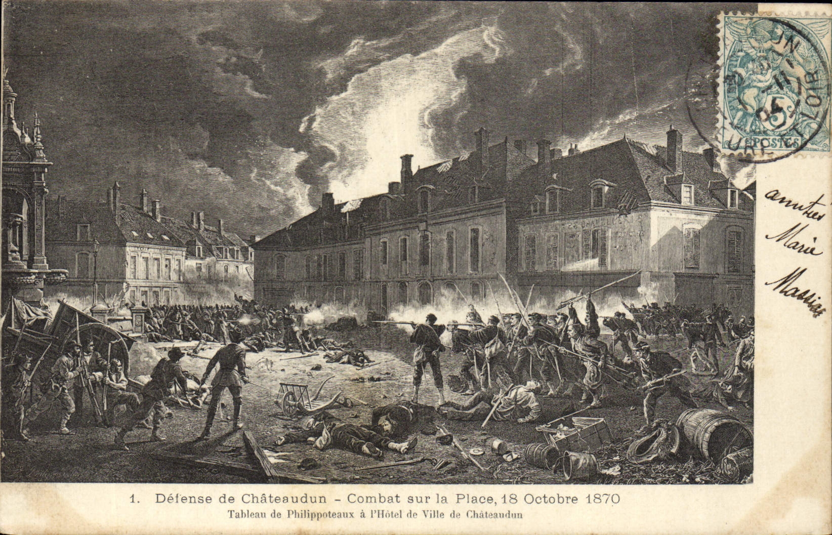 Vintage Postcard Militaria Guerre of 1870 Defense of Chateaudun Fights on the Place