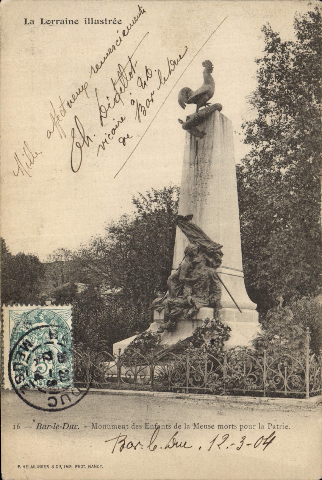 Vintage Postcard Militaria War of 1870 Bar the Duke Monument of the Children of the Meuse died for the Fatherland