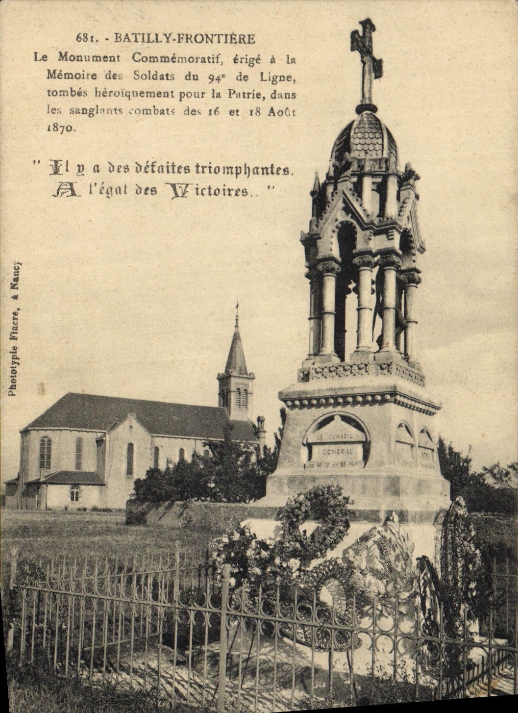 Postal Militaria Guerra del 1870 Batilly Frontera el monumento de conmemoración