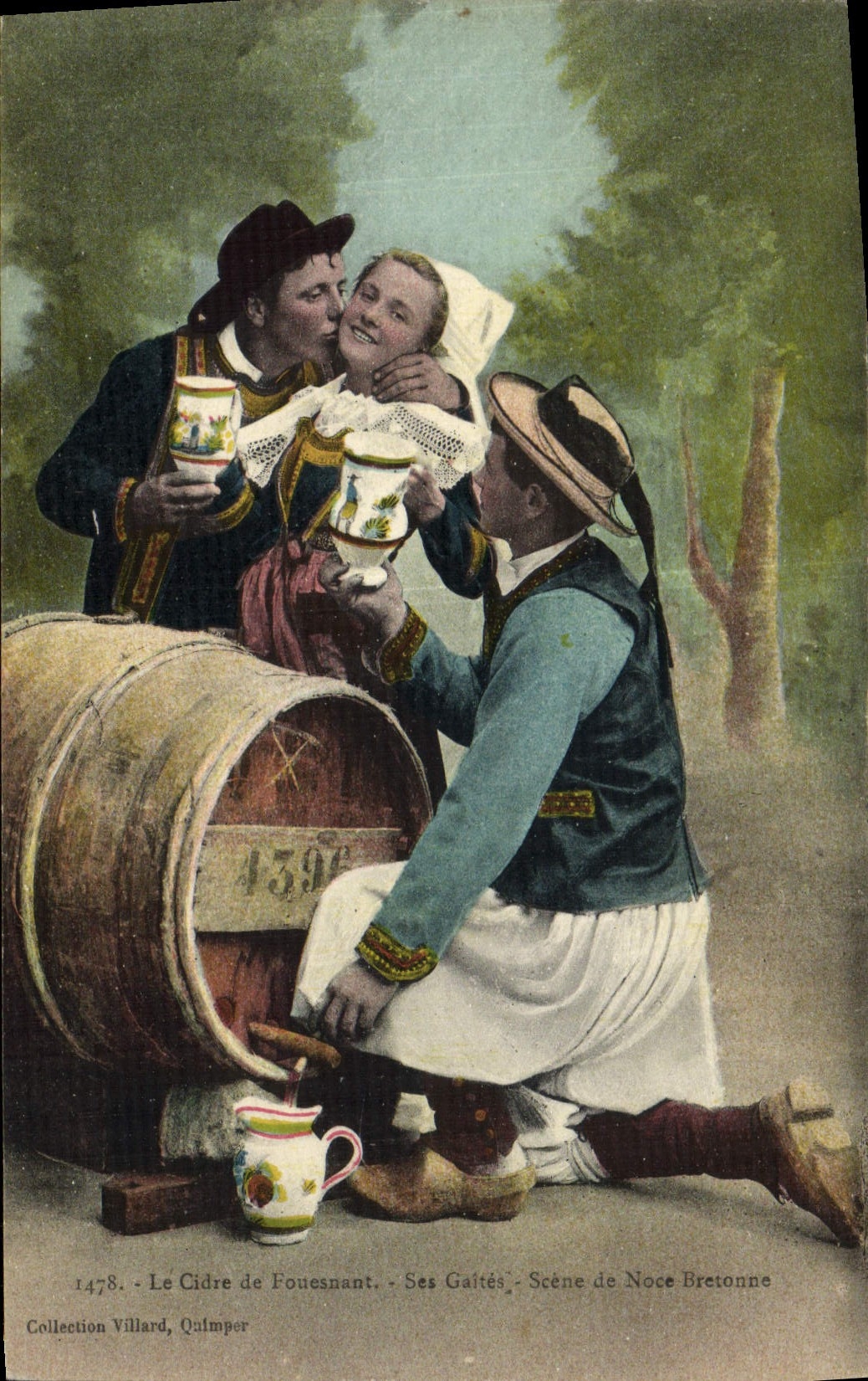 Postal Folclore la sidra de Fouesnant Sus regocijos Escena de boda bretona Matrimonio