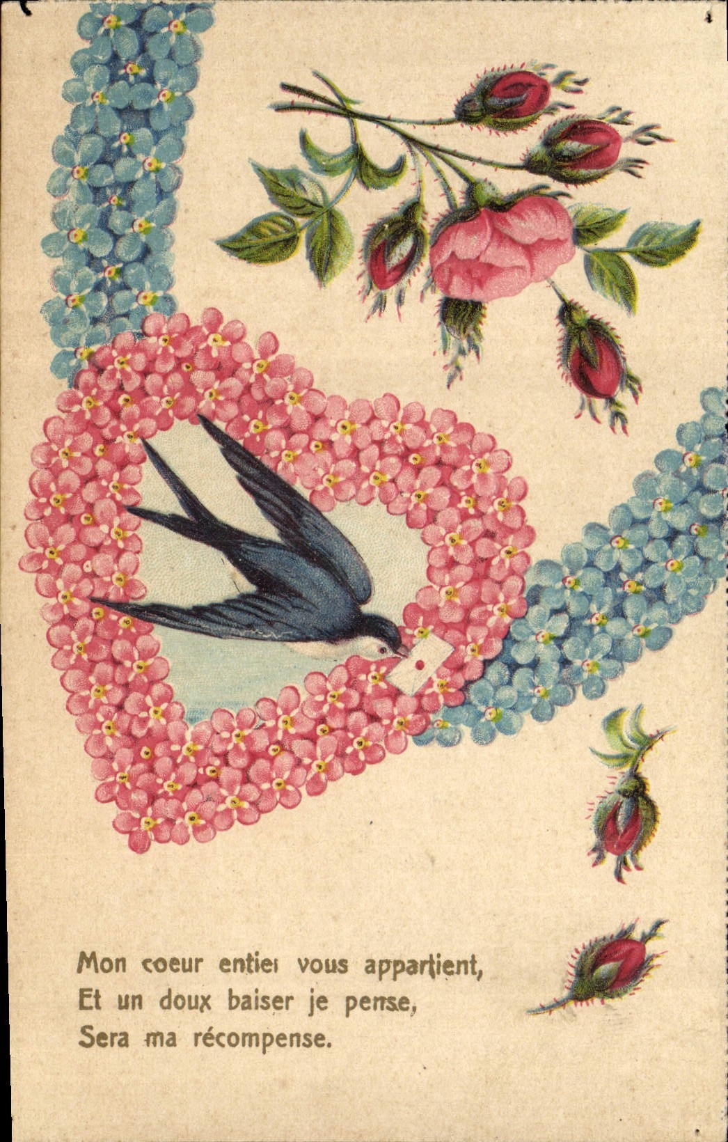 CPA Fantaisie Fleurs Coeur Hirondelle