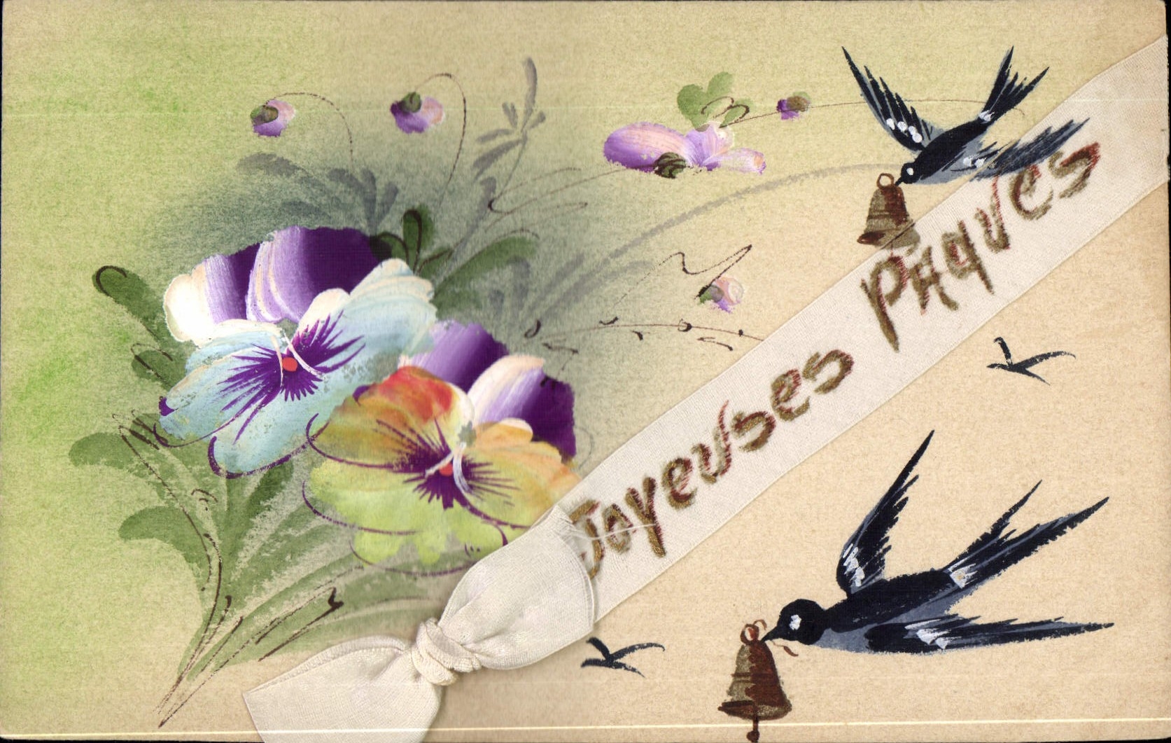 Vintage Postcard Fantasy (drawing has the hand) Flowers Swallows