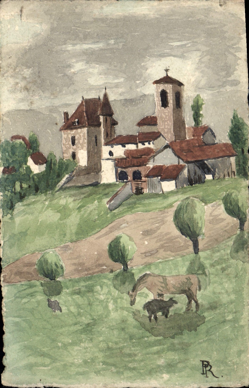 Vintage Postcard Fantasy (drawing has the hand) Village Horses