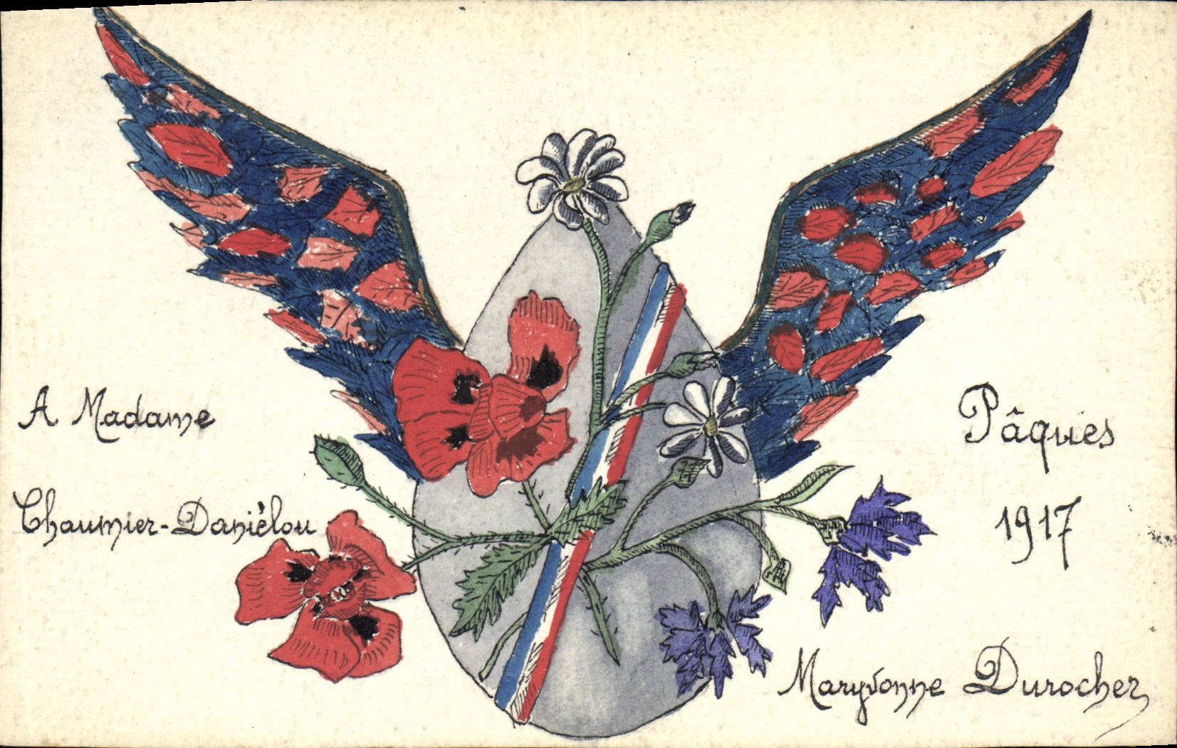 CPA Fantaisie (dessin a la main) Drapeau Oeuf Ailes 