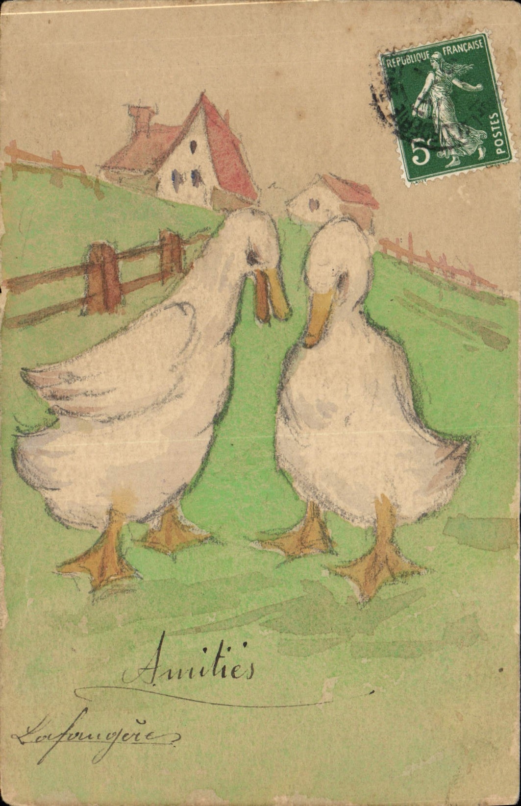 Vintage Postcard Fantasy (drawing has the hand) Ducks