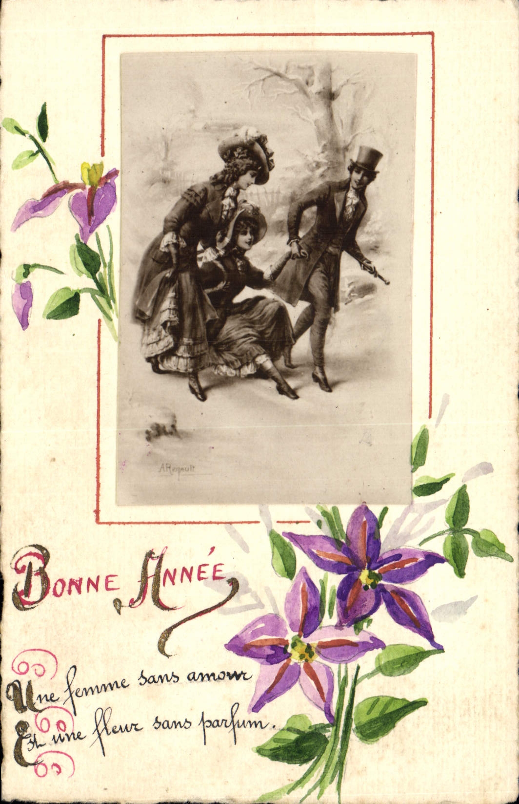 Vintage Postcard Fantasy (drawing has the hand) Flowers Woman
