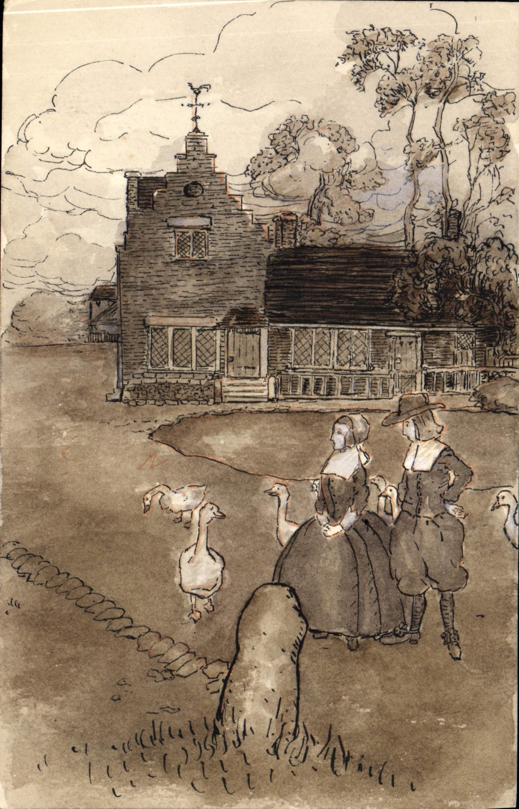 CPA Fantaisie (dessin a la main) Femme Maison