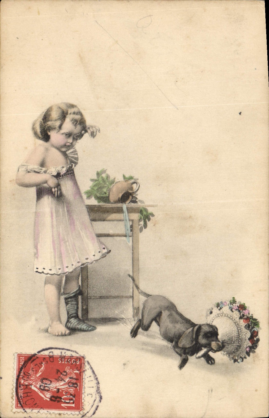 Vintage Postcard Fantasy Child Dog