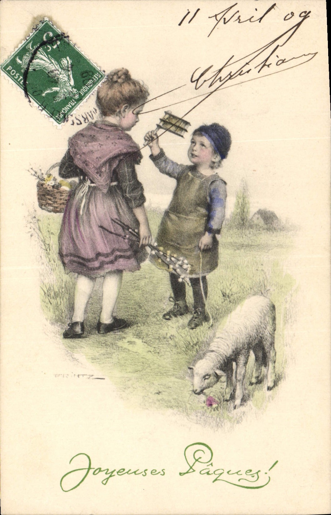 Vintage Postcard Fantasy Children Easter Lamb