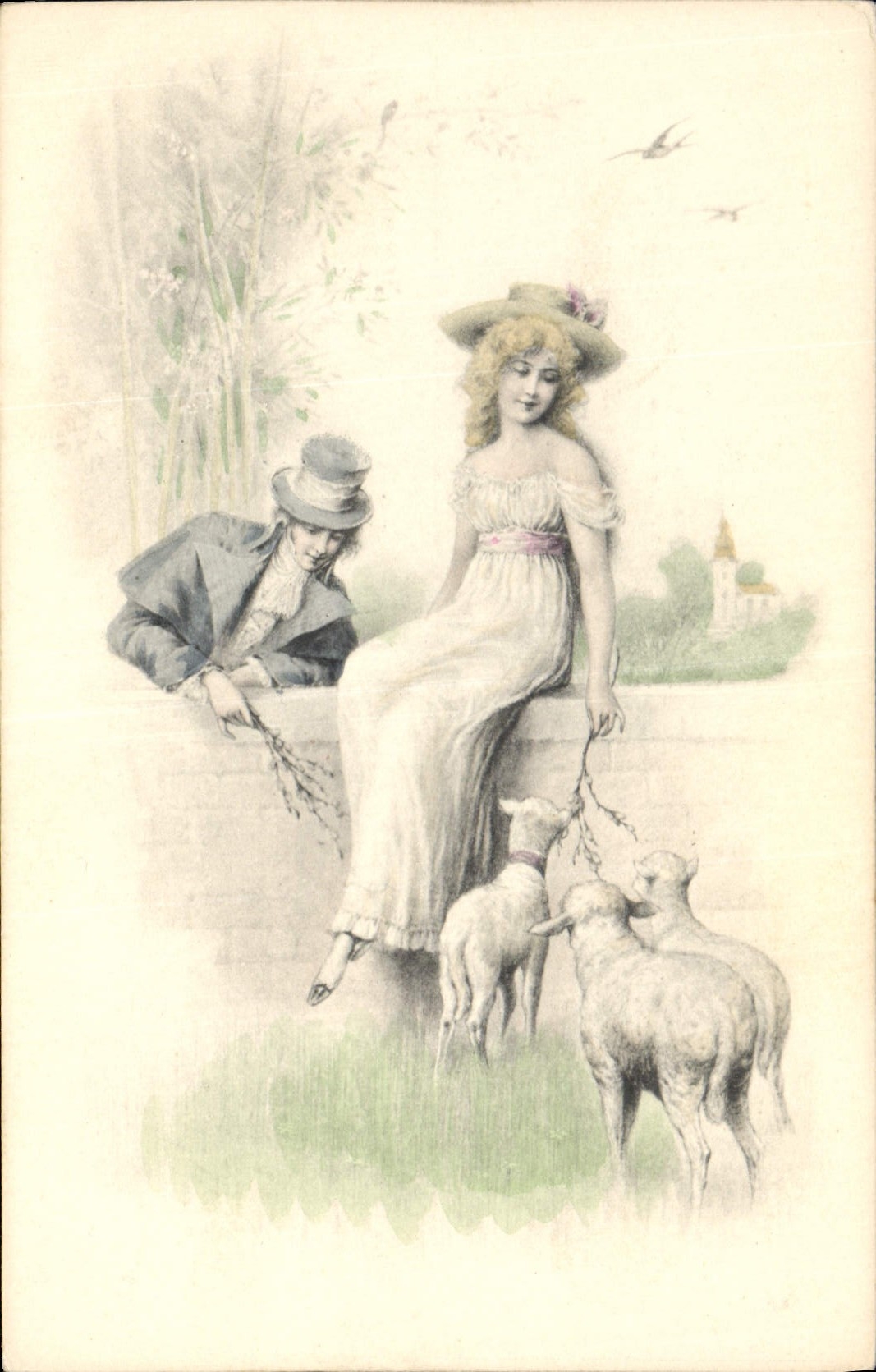 Vintage Postcard Fantasy Woman Lamb