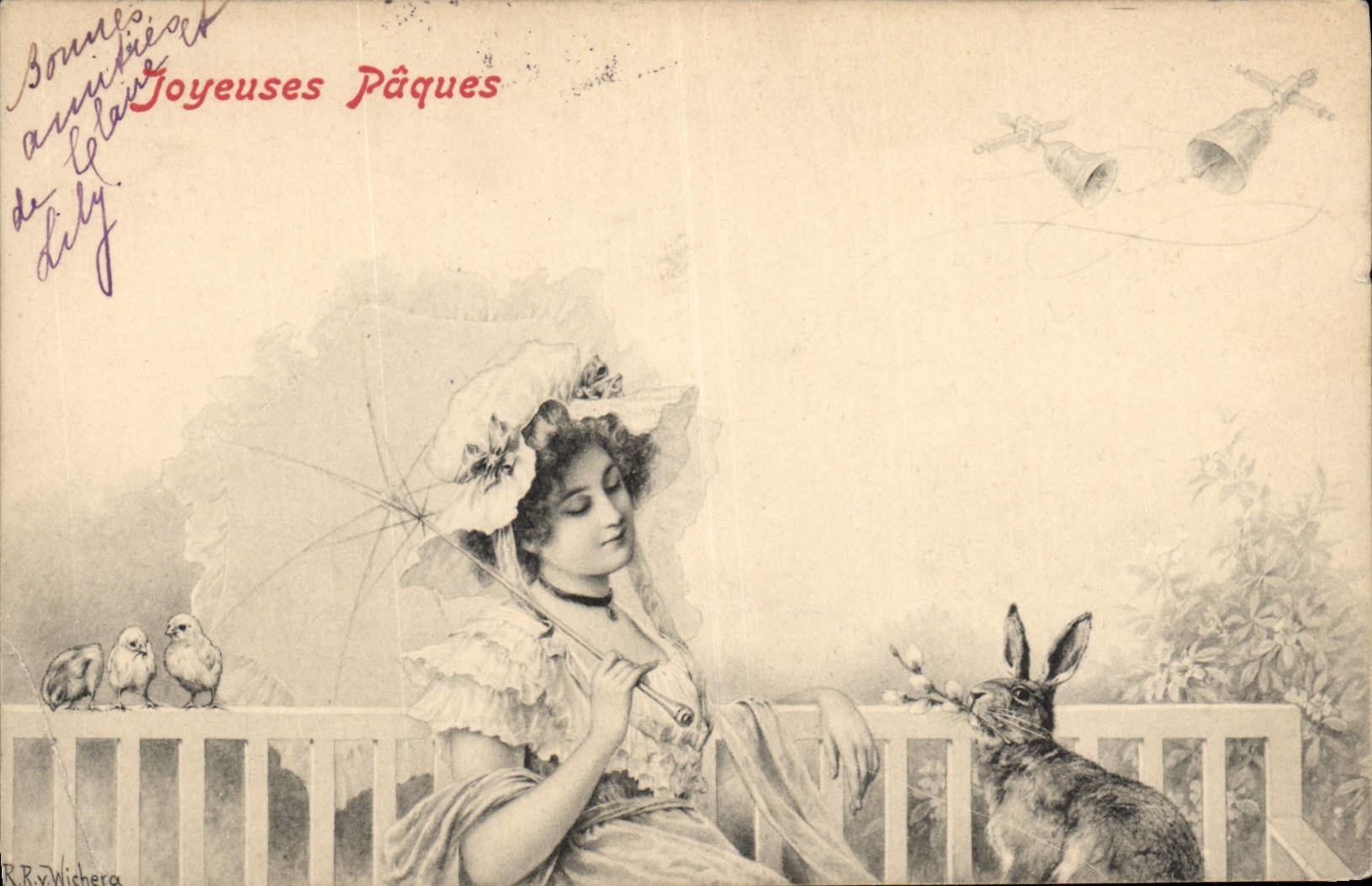 Vintage Postcard Fantasy Woman Rabbit Chicks Bells
