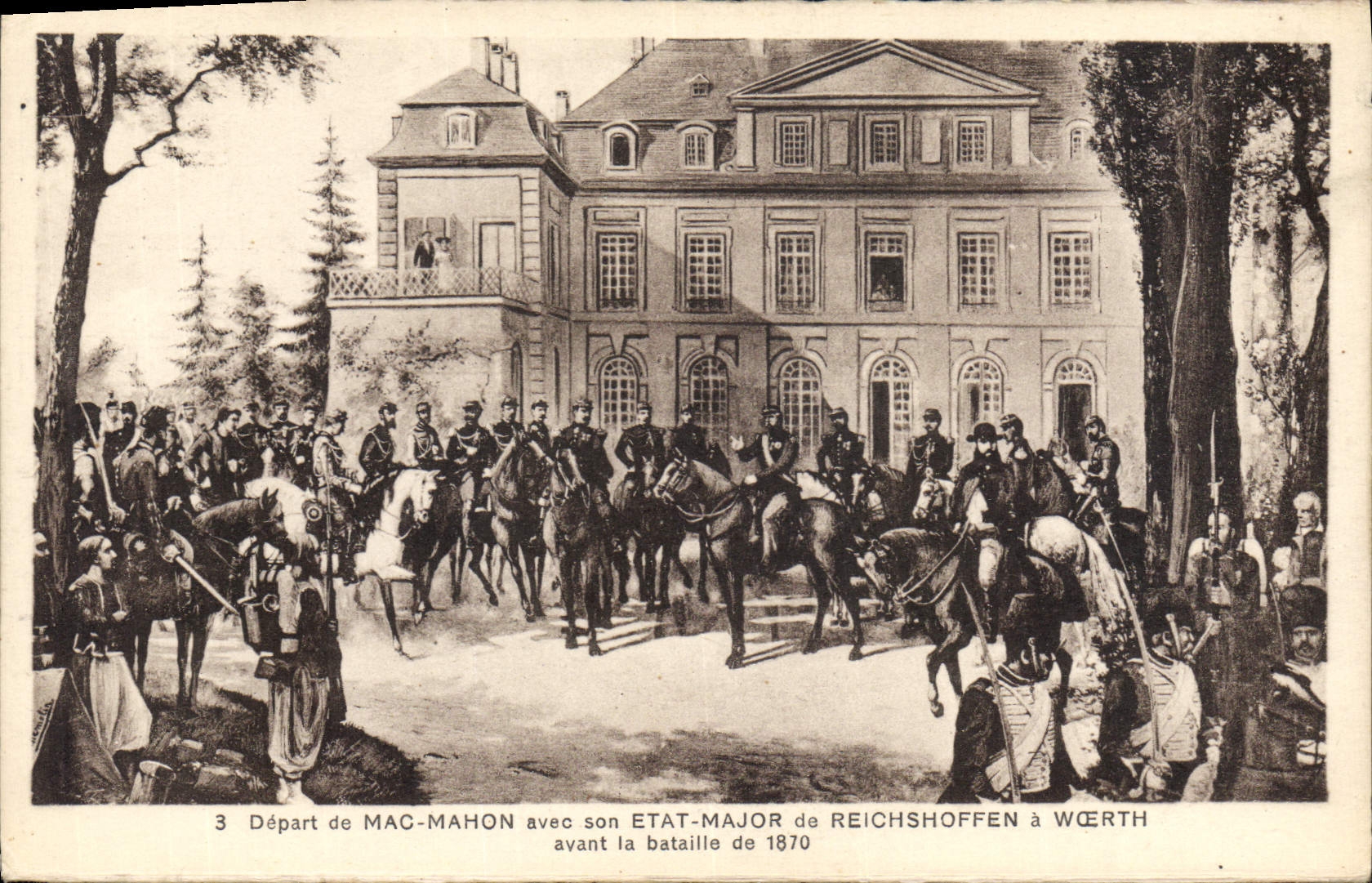 Postal Militaria Salida de Mac Mahon con su Estado Mayor de Reichshoffen a Woerth antes de la batalla de 1870