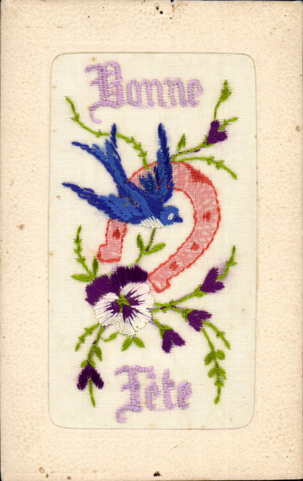 Vintage Postcard Fantaisie Toilee Fleurs Horseshoe Hirondelle