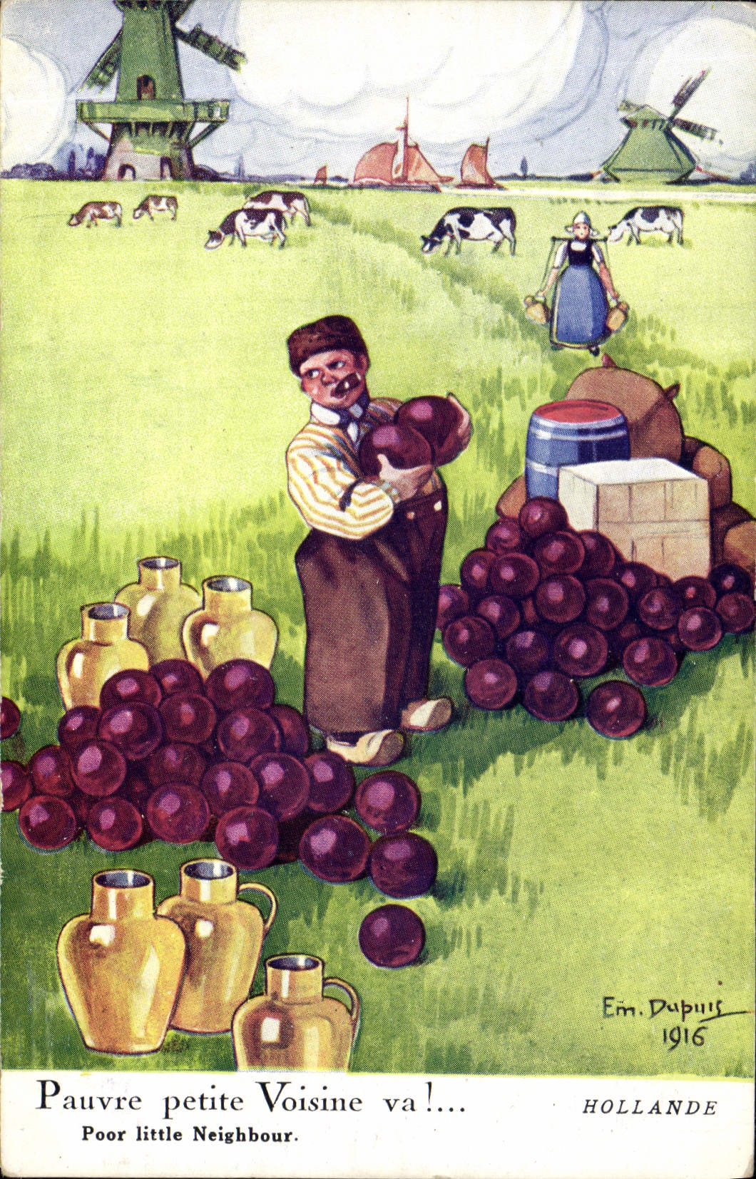 Postal Fantasia Ilustrador Dupuis Holanda Molino tiene viento Folclore Pobre pequeño vecino