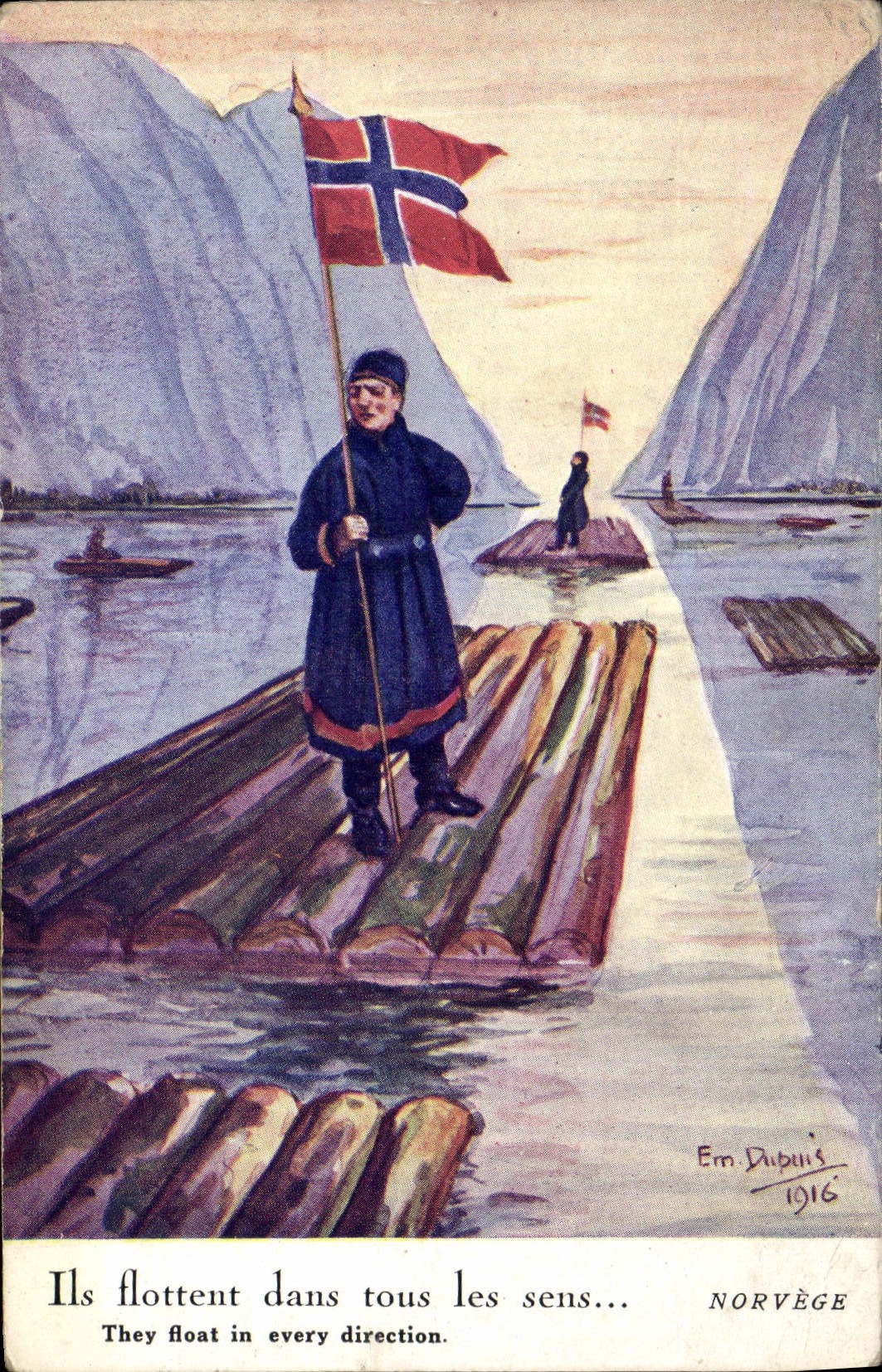 Postal Fantasia Ilustrador Dupuis Noruega flotan en todos los sentido