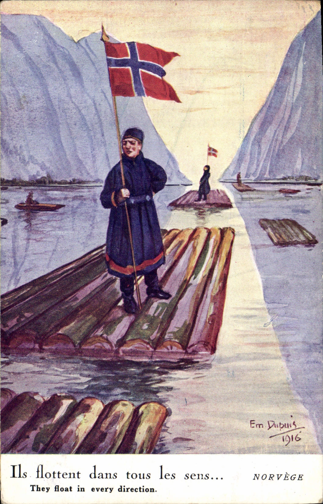 Postal Fantasia Ilustrador Dupuis flotan en todos los sentido Noruega