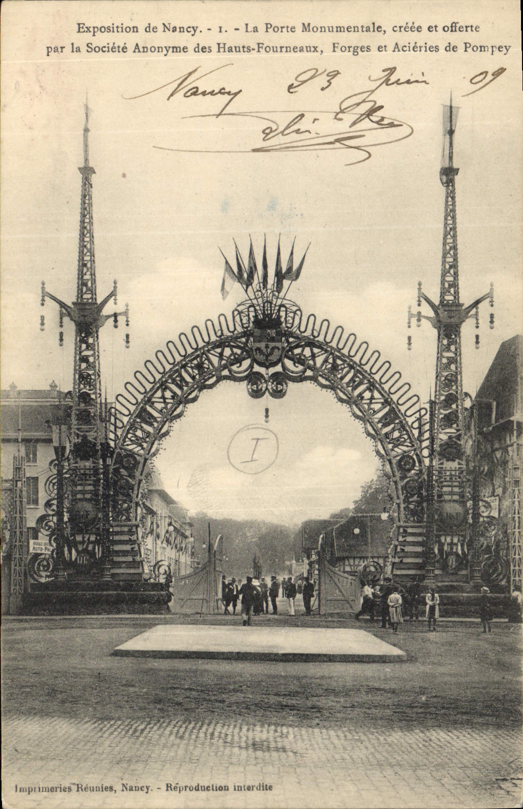 Postal Exposición de Nancy la puerta monumental Fraguas y Acerías de Pompey