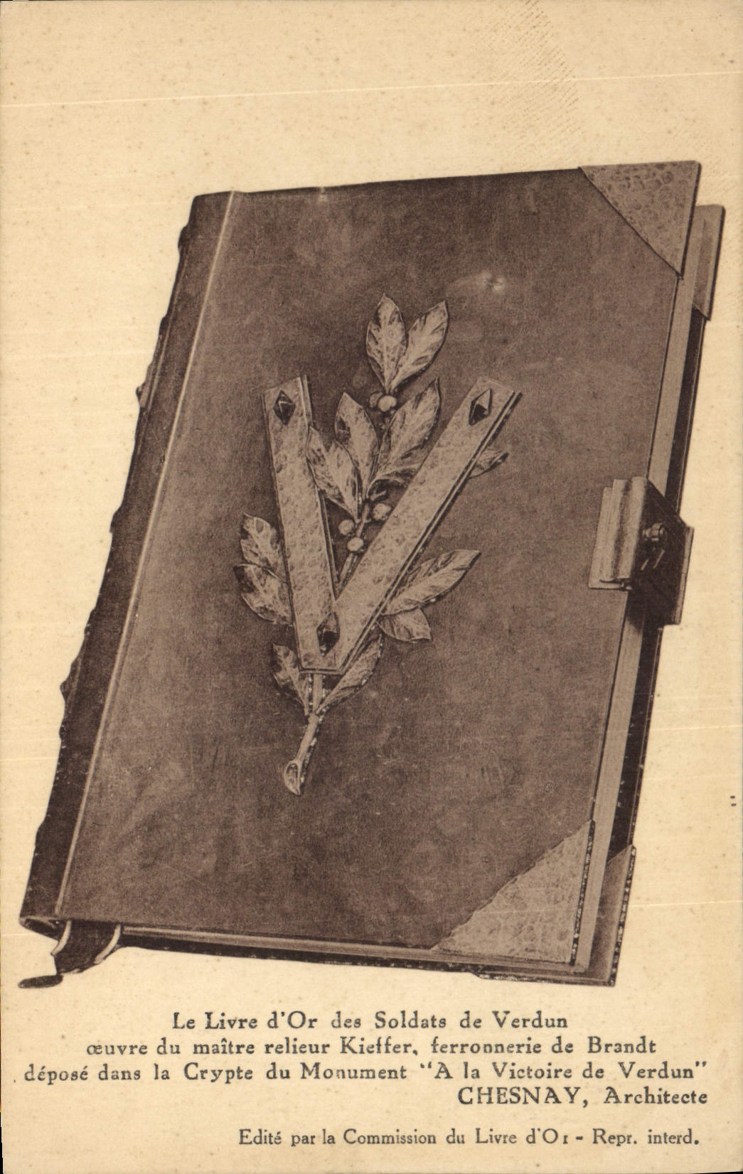 Postal el Libro de Oro de los soldados de Verdun Maître encuadernador Kieffer industria de Brandt