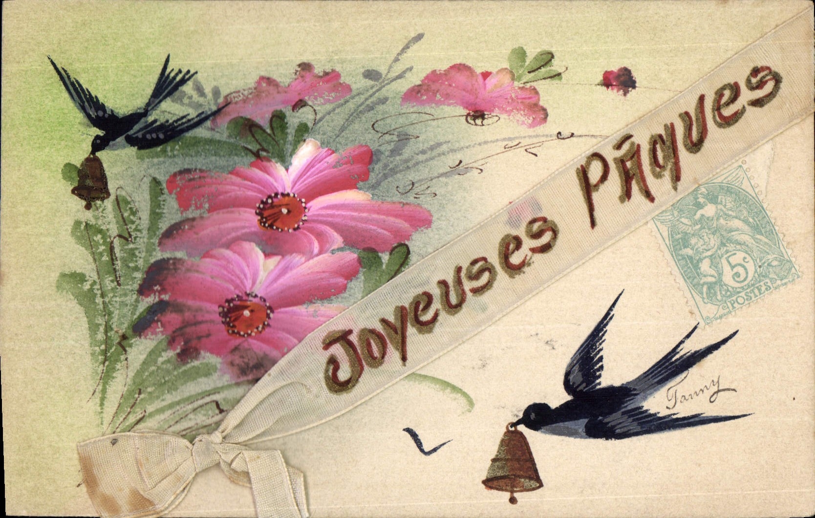 Vintage Postcard Fantasy (drawing has the hand) Flowers Easter Hirondelles