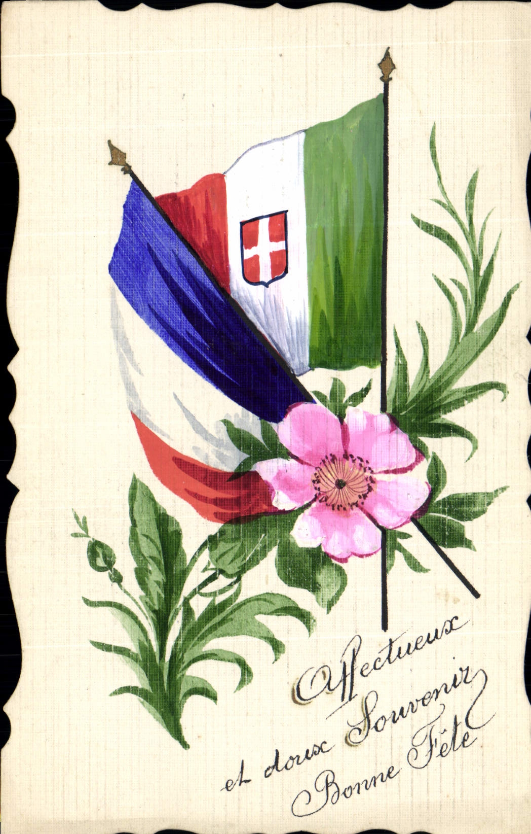 Vintage Postcard Fantasy (drawing has the hand) Flowers Flag Italy France