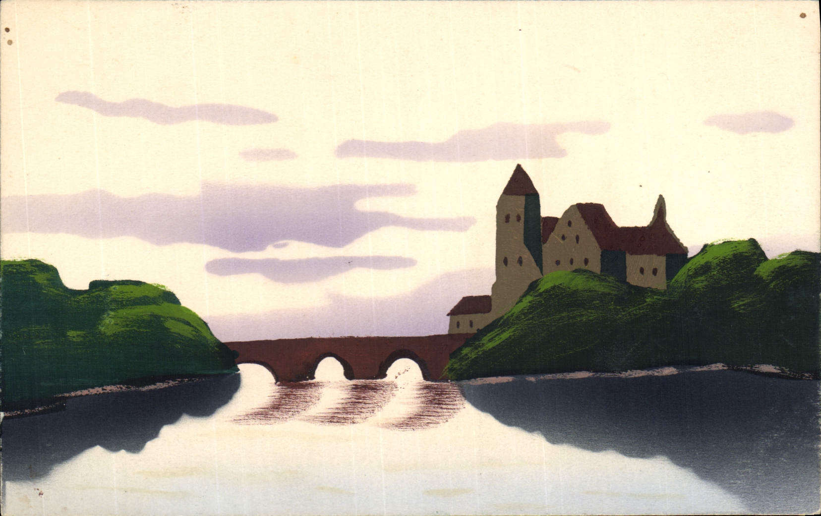 Vintage Postcard Fantasy (drawing has the hand) Village Bridge