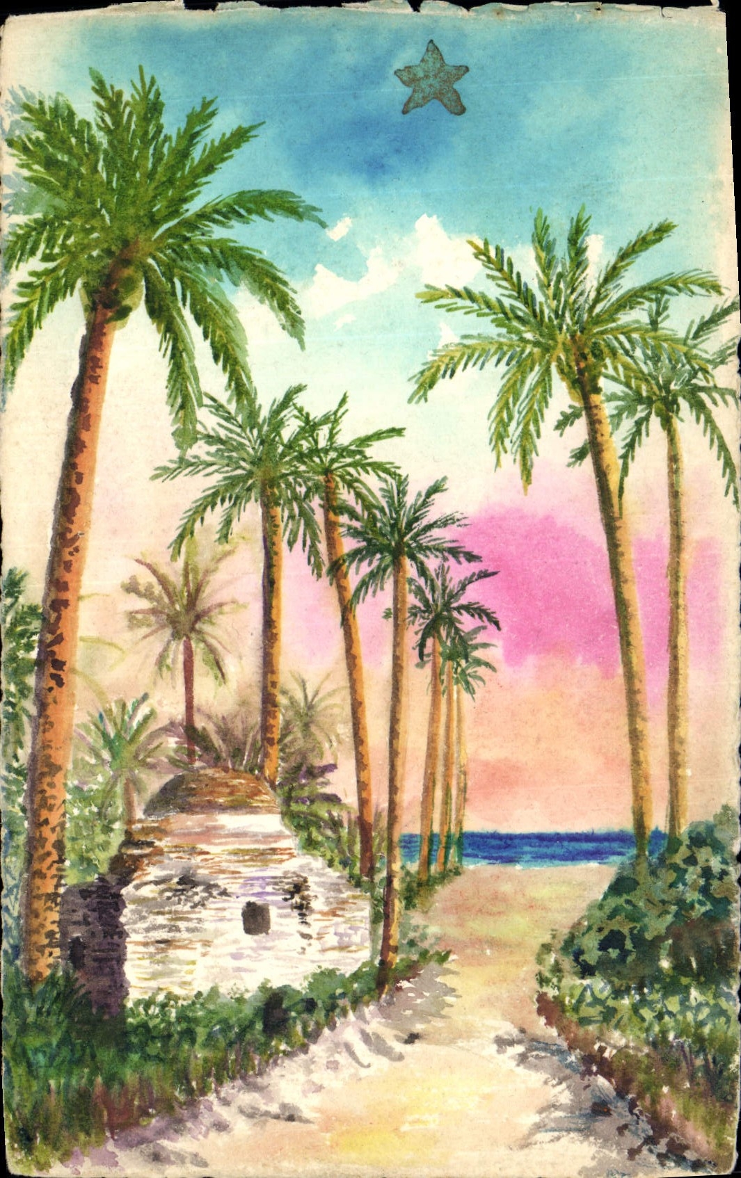 Vintage Postcard Fantasy (drawing has the hand) Palm trees