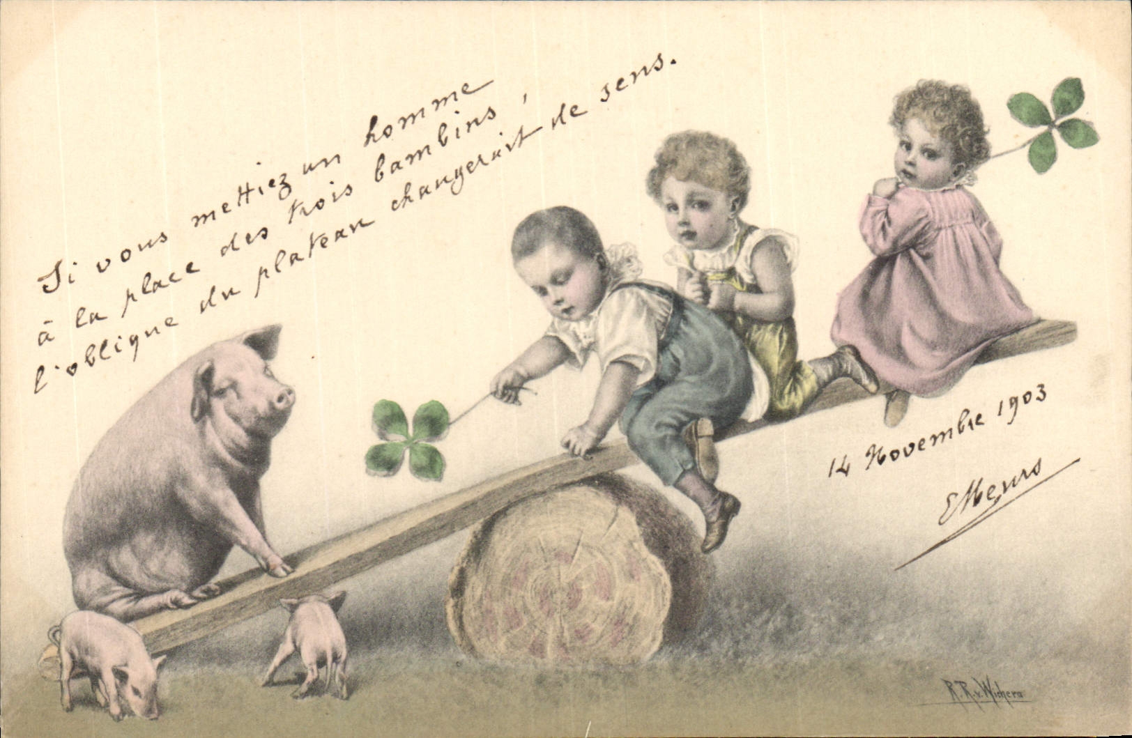 CPA Fantaisie Enfants Cochon Porc Trefle 