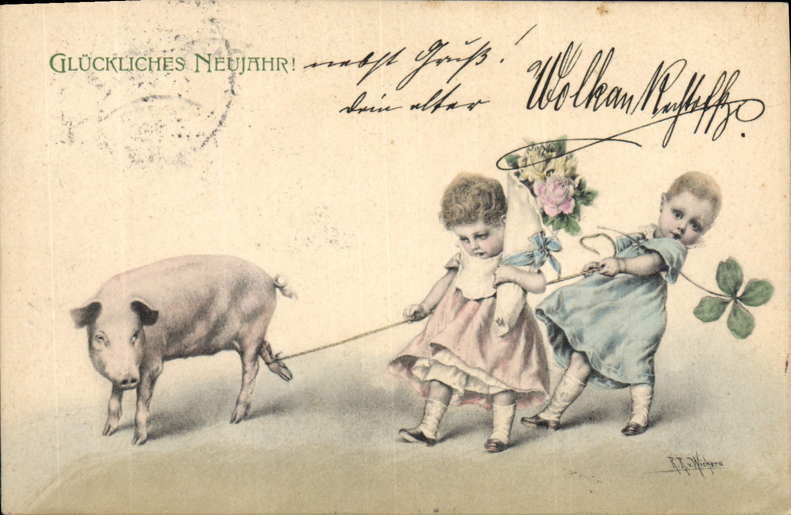 CPA Fantaisie Enfants Cochon Porc Trefle 