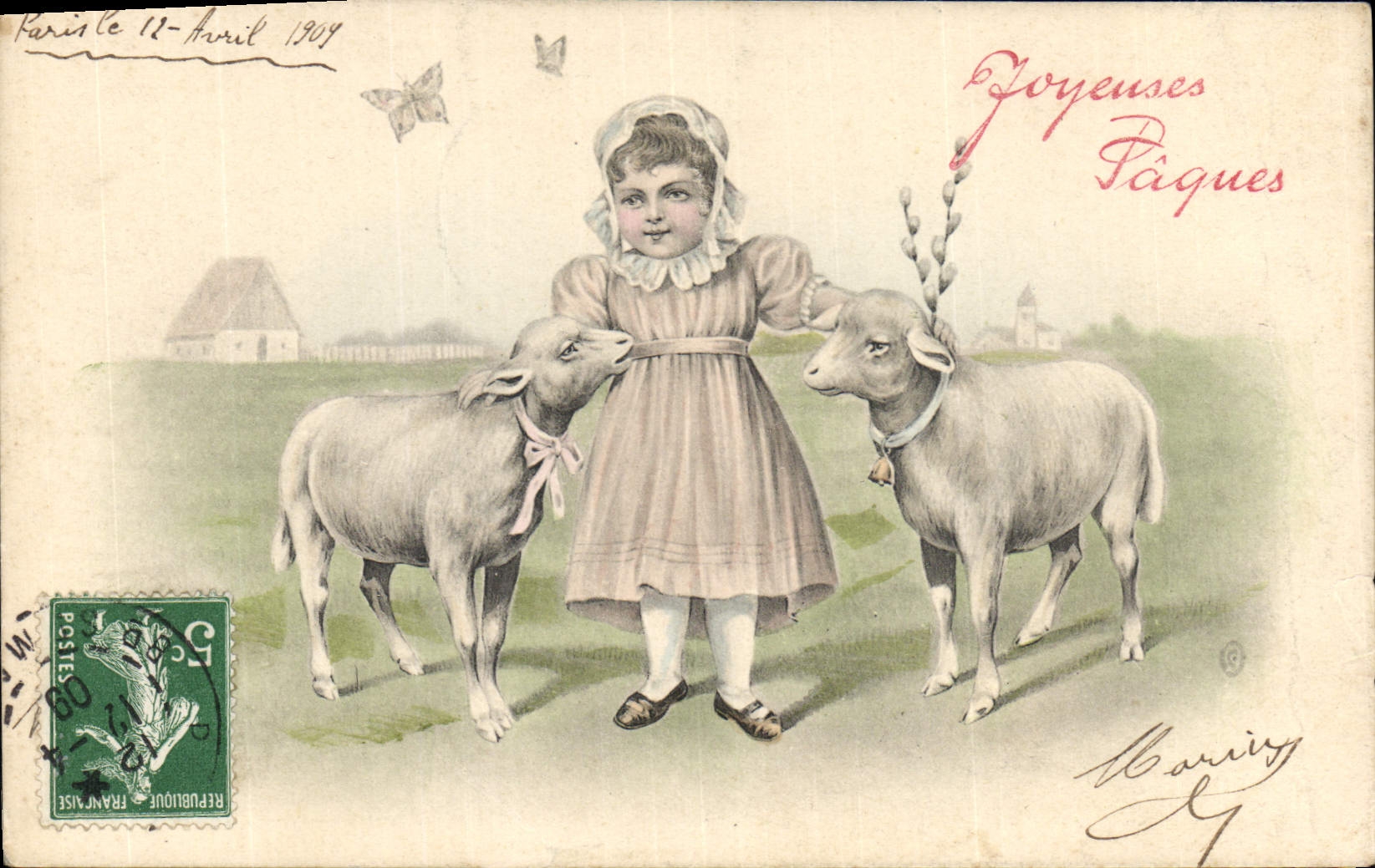 CPA Fantaisie Enfant Agneaux Papillons