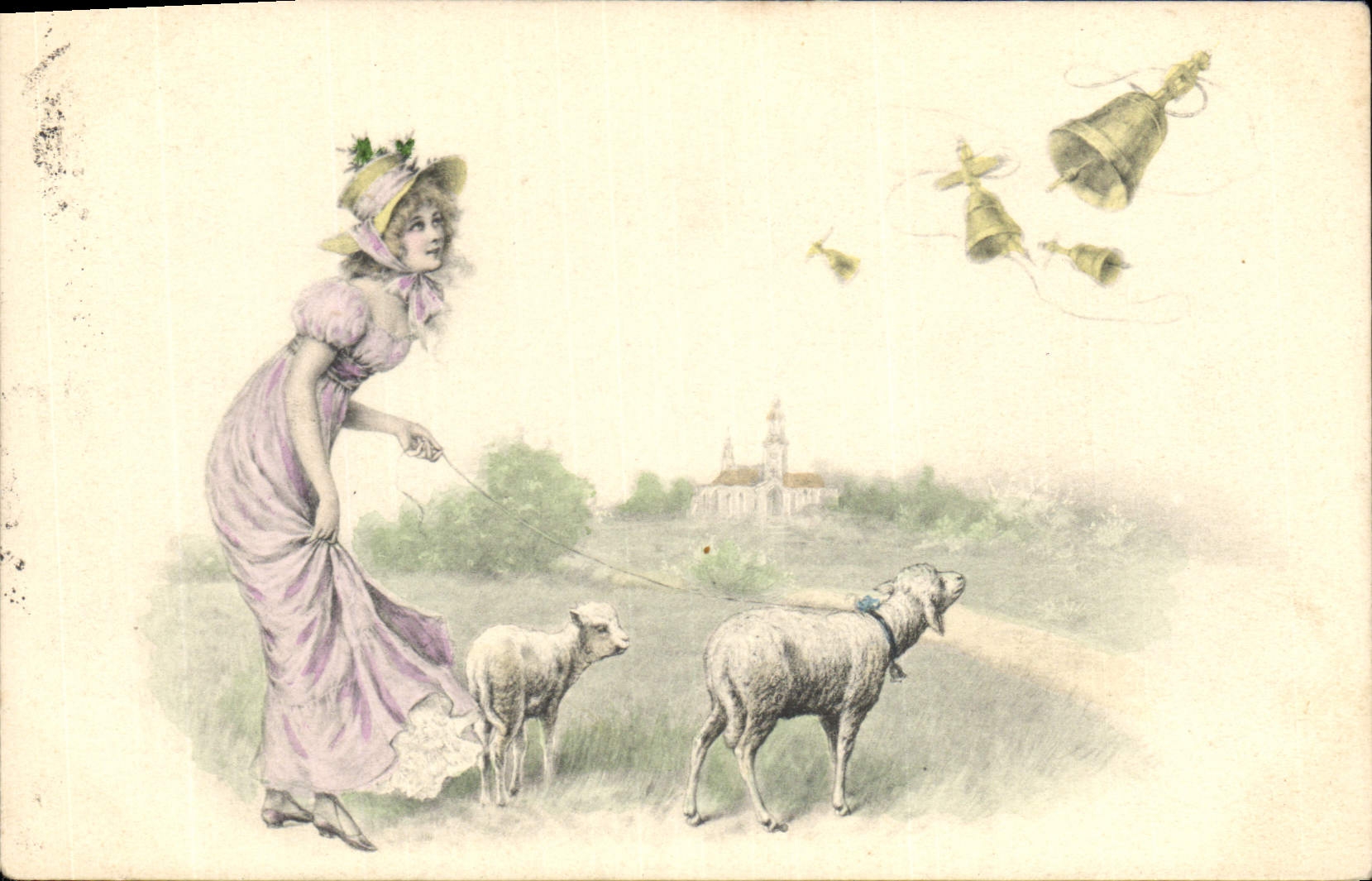 Vintage Postcard Fantasy Woman Lamb Bells
