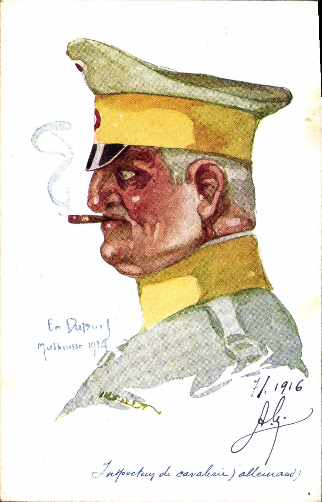 Postal Fantasia Ilustrador Dupuis Militaria Inspector de caballería alemán