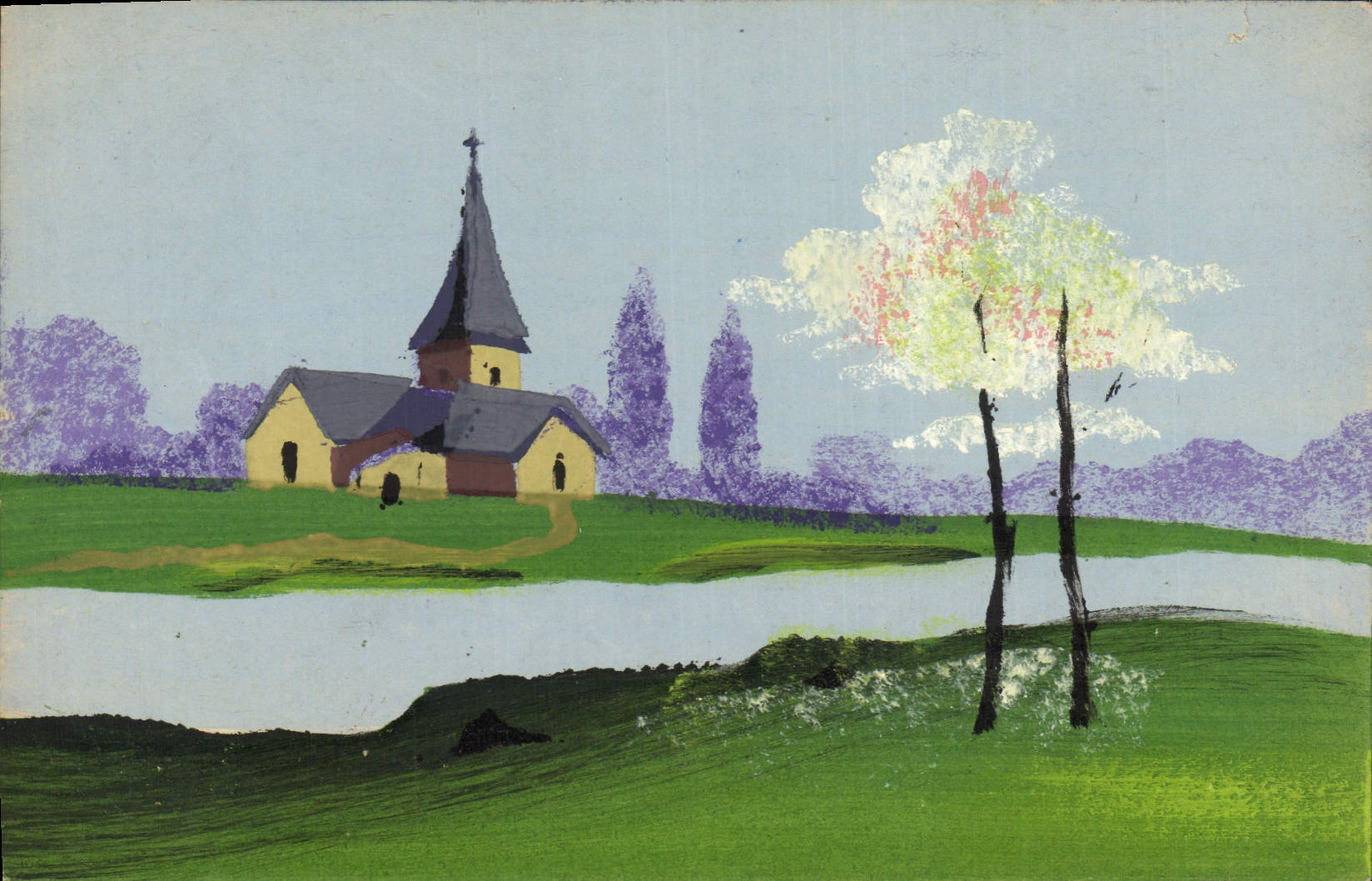 Vintage Postcard Fantasy (drawing has the hand) Bell-tower