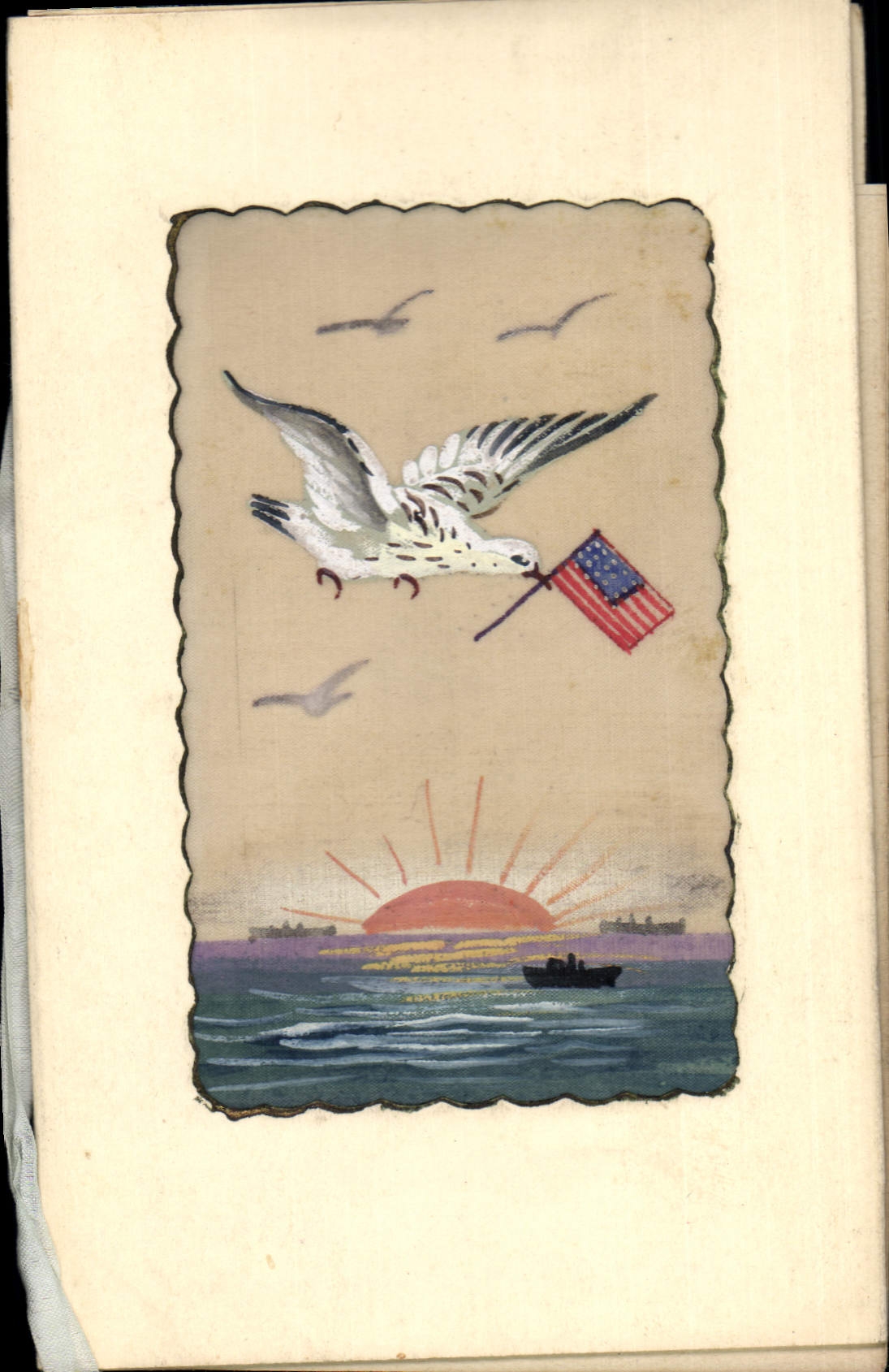 CPA Fantaisie (dessin a la main) Oiseau Drapeau americain Bateau (sur carte toilee)