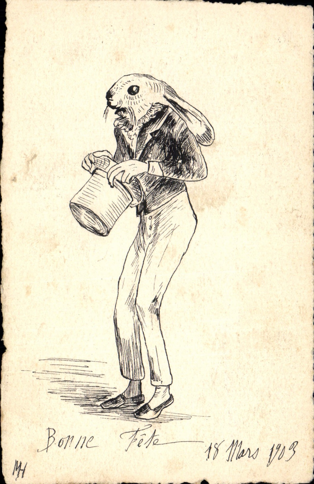 Vintage Postcard Fantasy (drawing has the hand) Rabbit