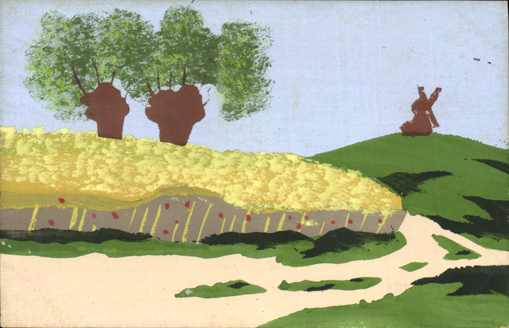 CPA Fantaisie (dessin a la main) Paysage Moulin a vent