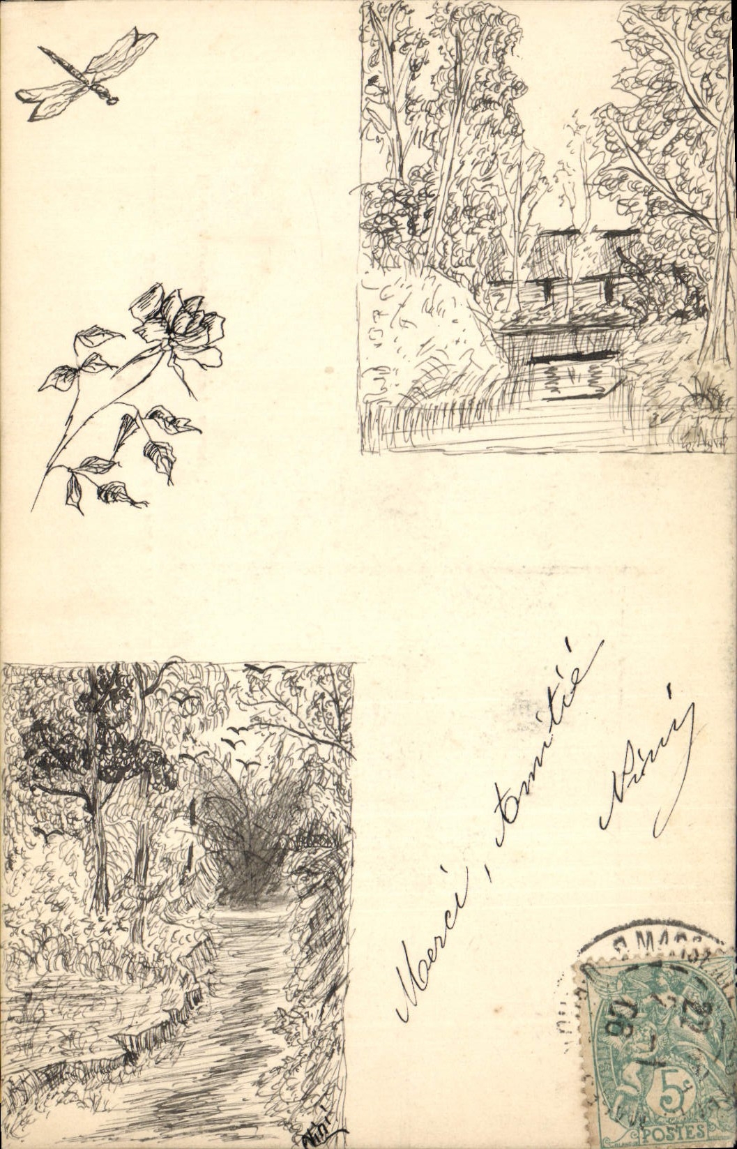 CPA Fantaisie (dessin a la main) Jardins