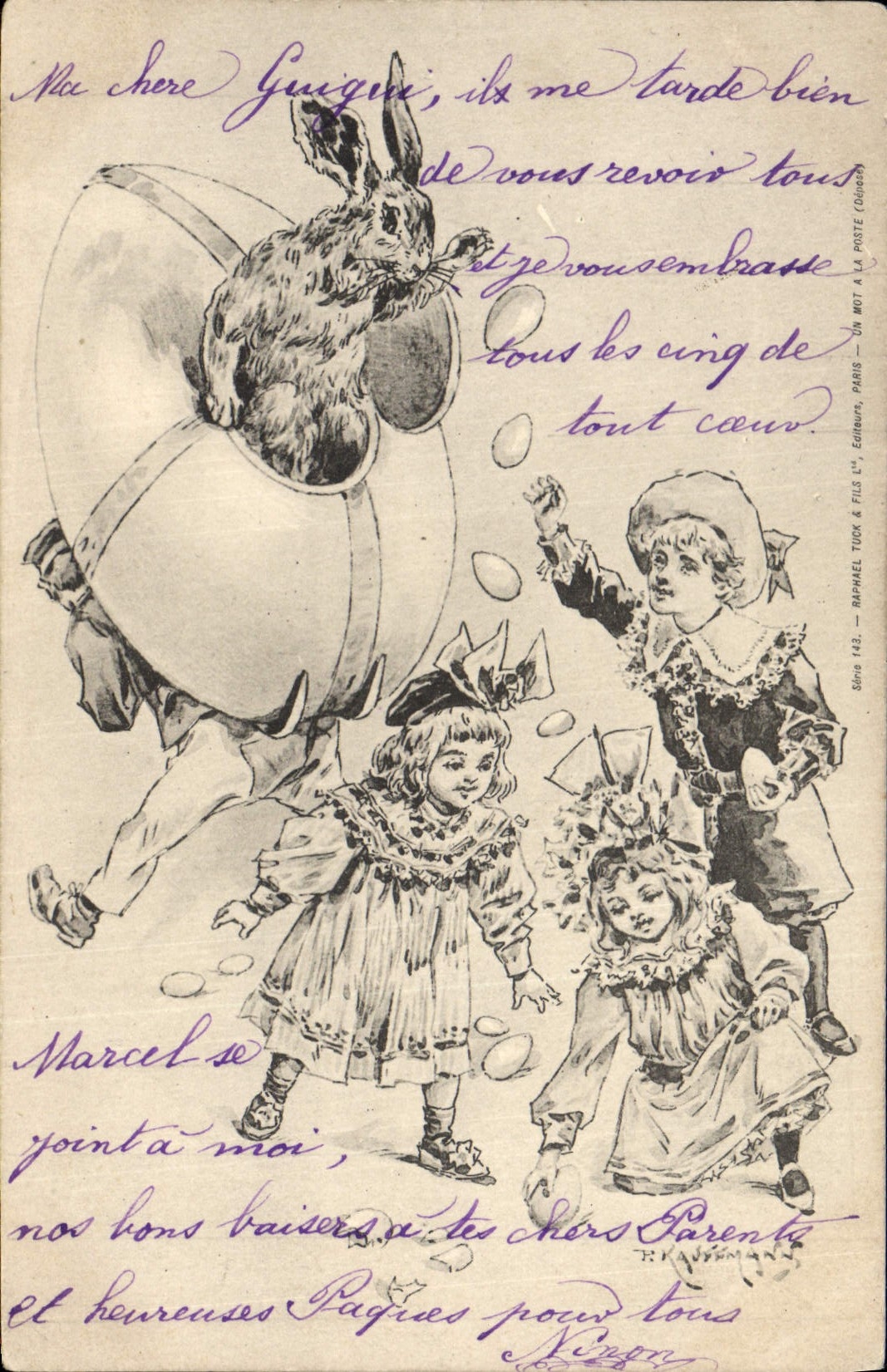 CPA Fantaisie Enfants Lapin Oeufs 