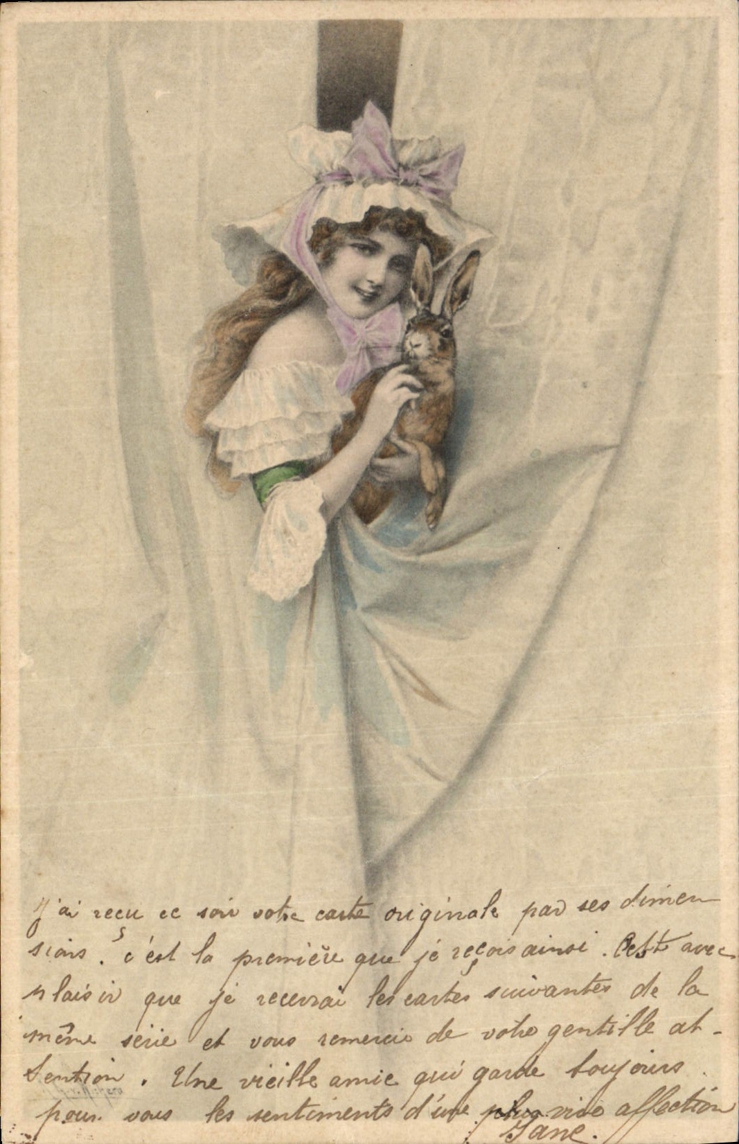 Vintage Postcard Fantasy Woman Rabbit