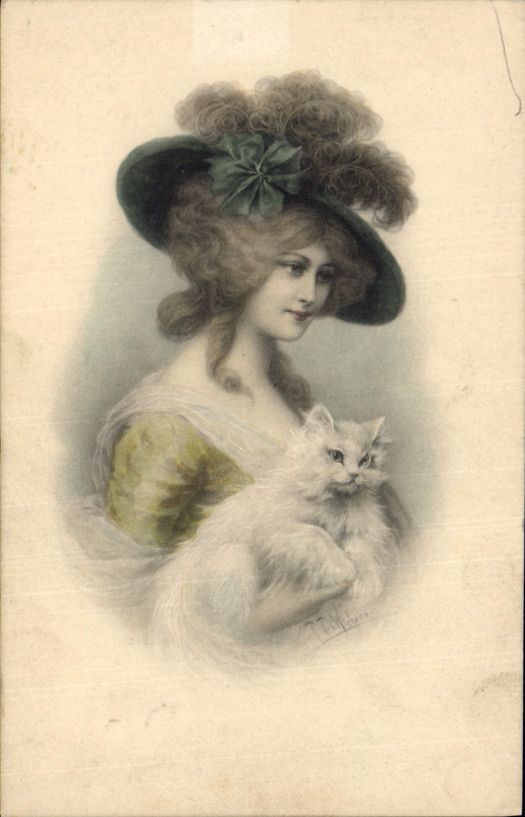 Vintage Postcard Fantasy Woman Cat