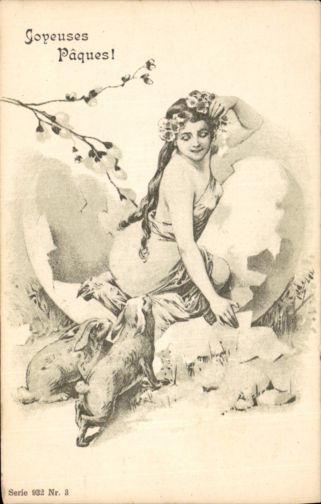 Vintage Postcard Fantasy Woman Rabbits Easter Egg