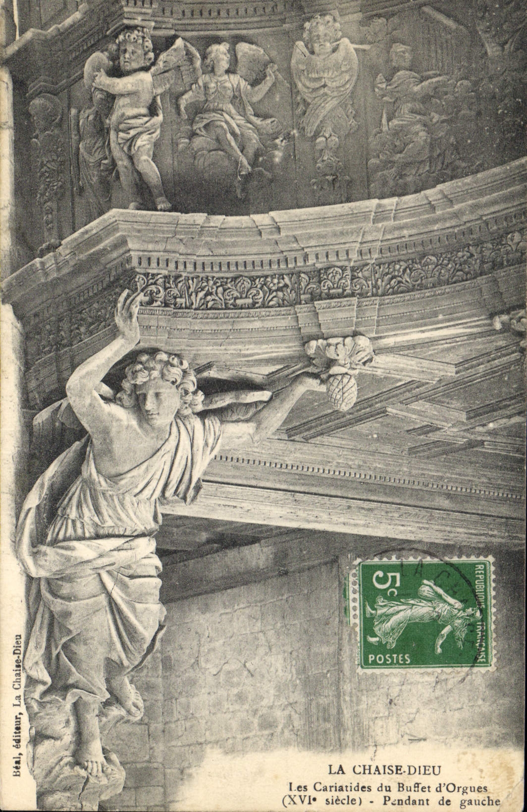 Postal Órgano la Silla Dios las cariátides del aparador de órganos durante izquierda