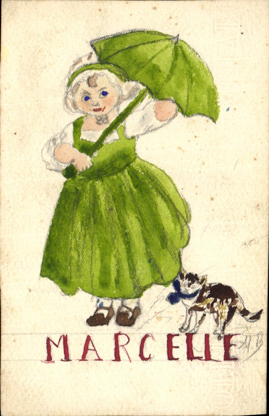 CPA Fantaisie (dessin a la main) Enfant Marcelle Chat 