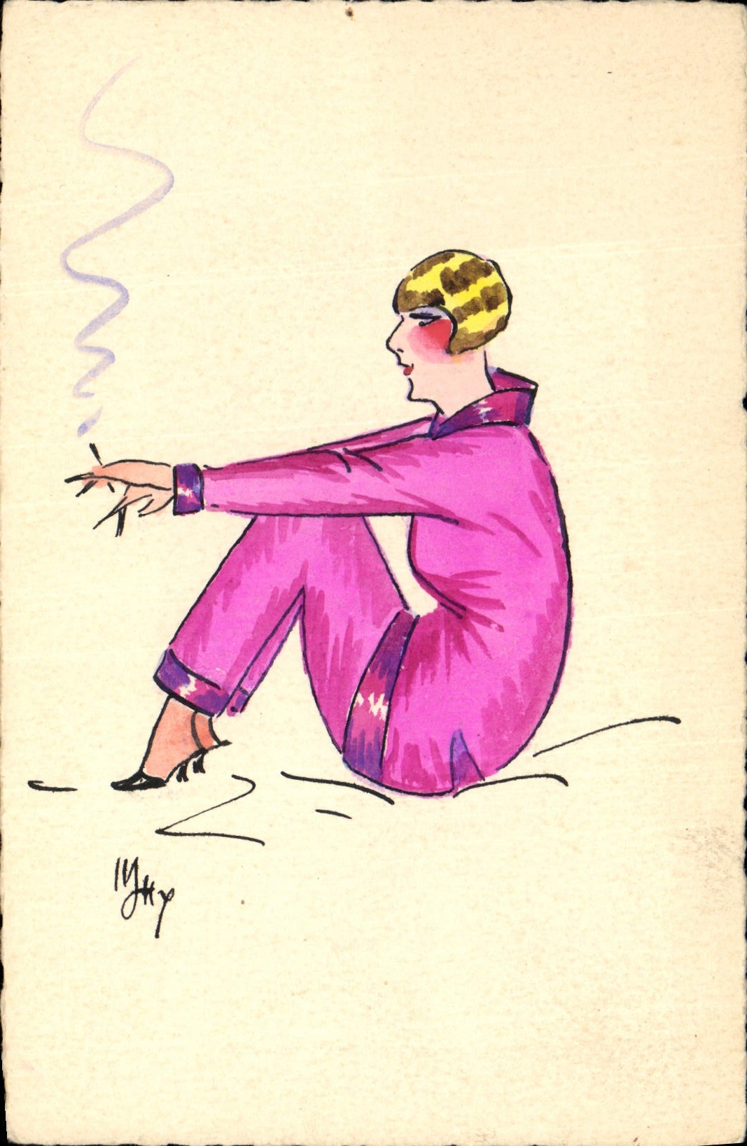 Vintage Postcard Fantaisie (drawing has the hand) Woman has the Tabac cigarette