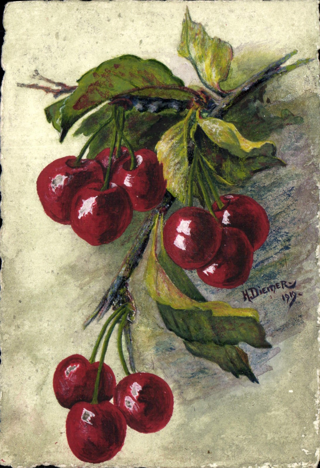 CPA Fantaisie (dessin a la main) Cerises 