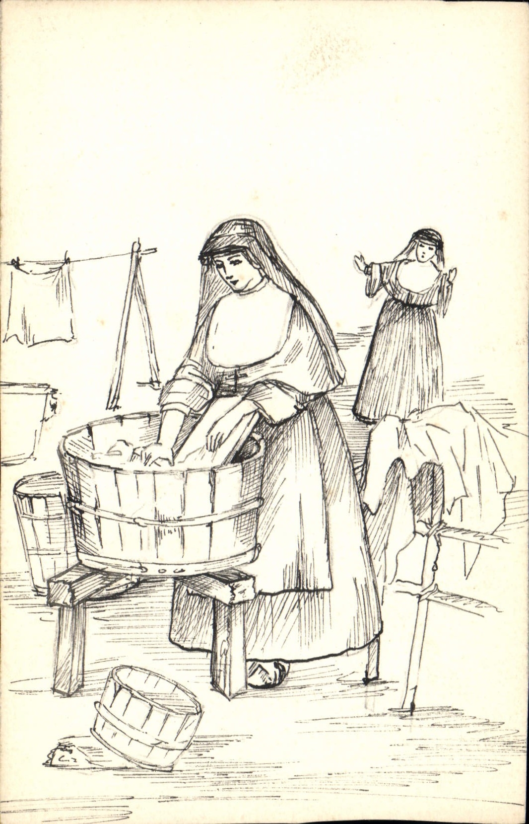 Vintage Postcard Fantasy (drawing has the hand) Woman Laundrette