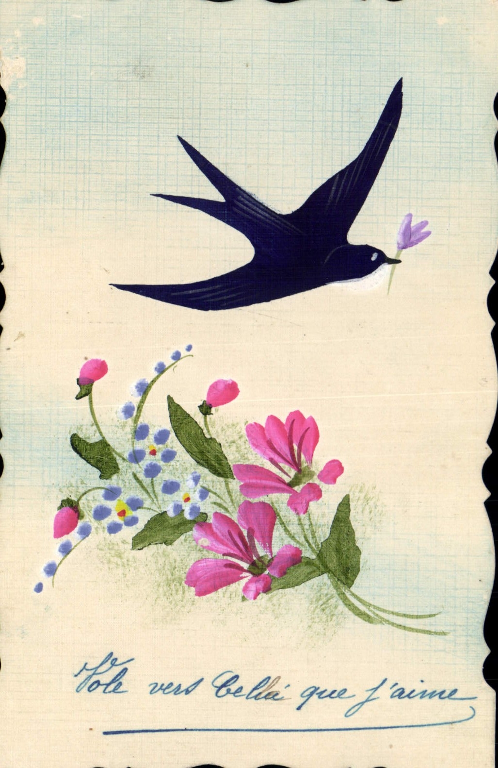 CPA Fantaisie (dessin a la main) Fleurs Hirondelle 
