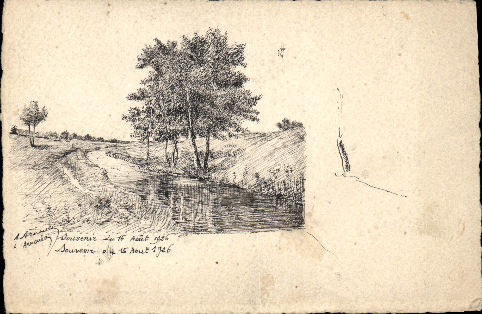 Vintage Postcard Fantasy (drawing has the hand) Souvenir of the Arbre August 16th, 1926