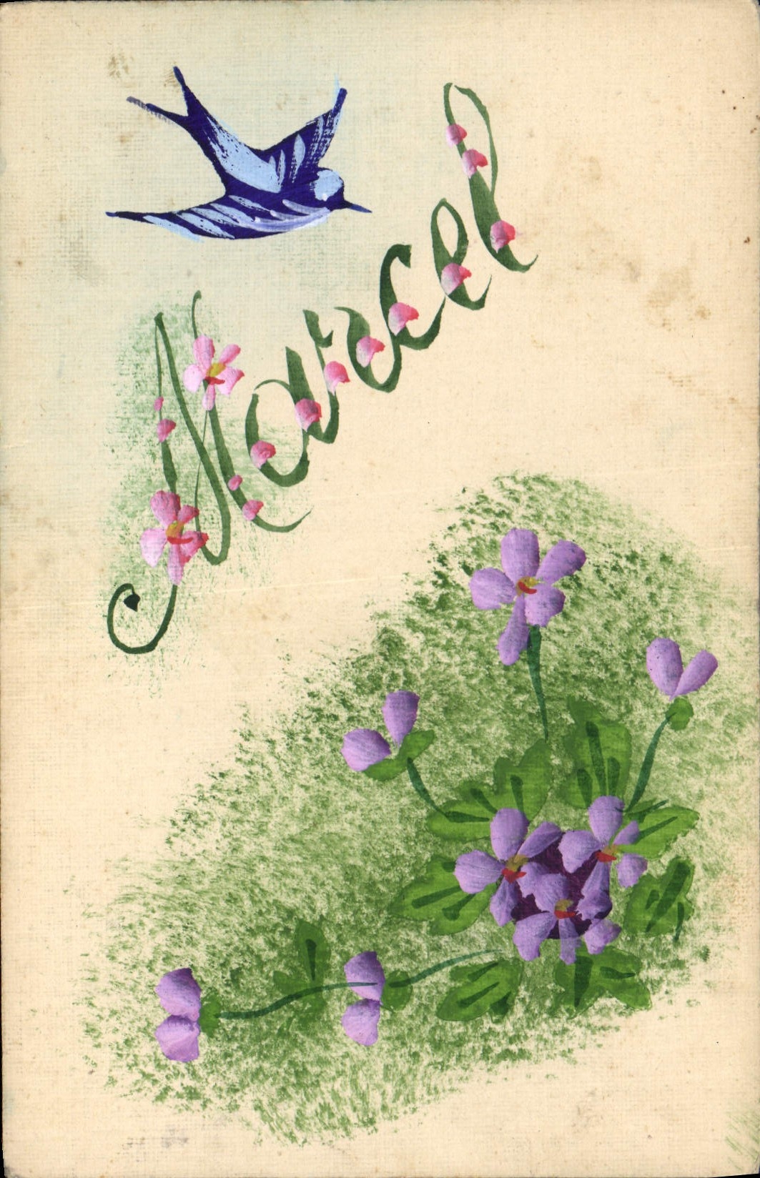 CPA Fantaisie (dessin a la main) Fleurs Prenom Marcel Hirondelle 