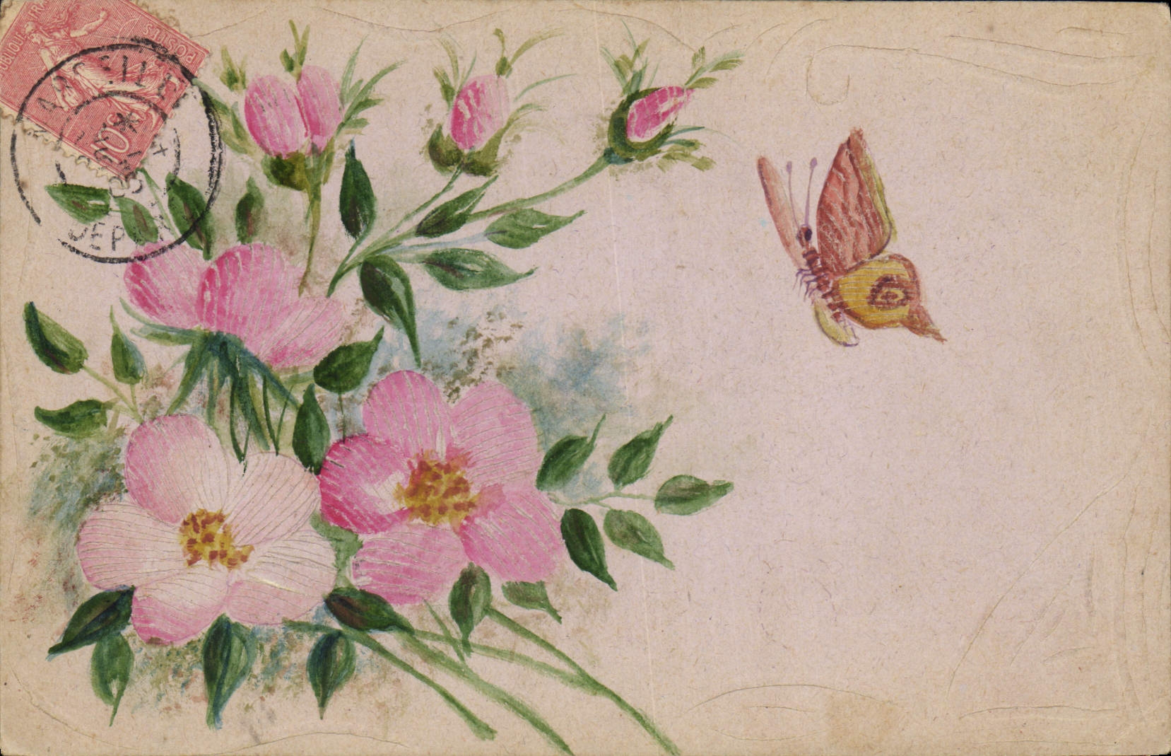 CPA Fantaisie (dessin a la main) Fleurs Papillon 