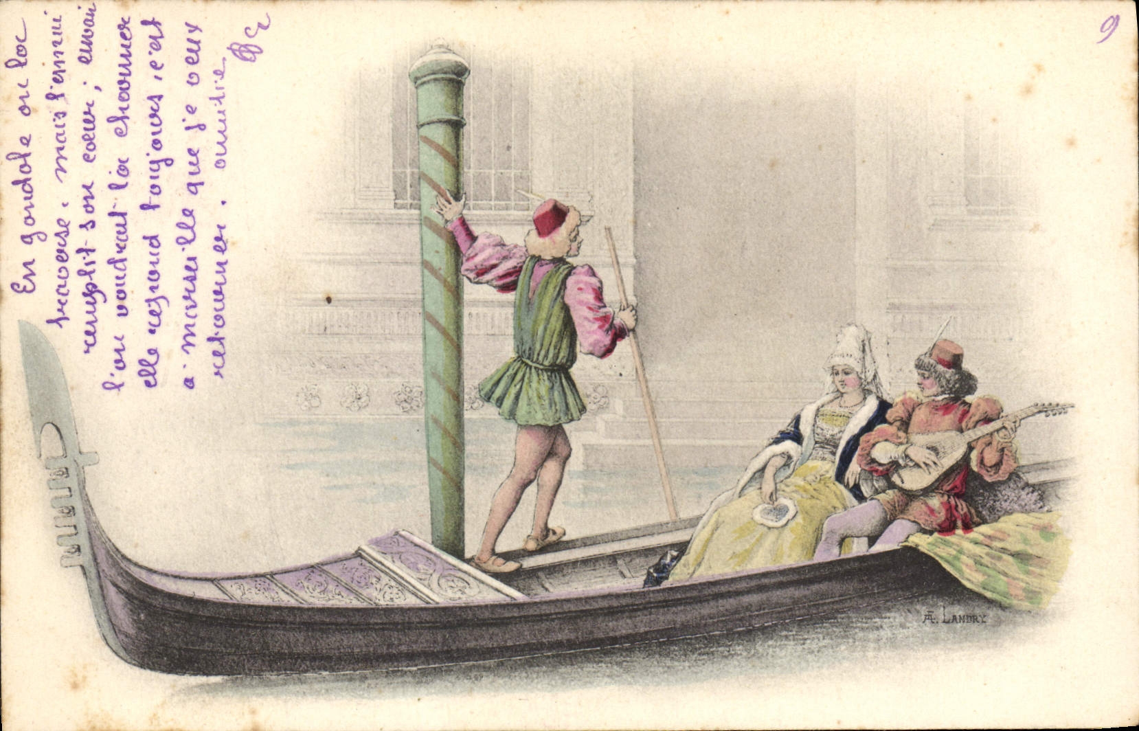 Vintage Postcard Fantaisie Woman Troubadour Warps Boat